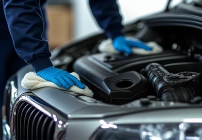 Detail technician safely cleaning a car engine in West Midlands