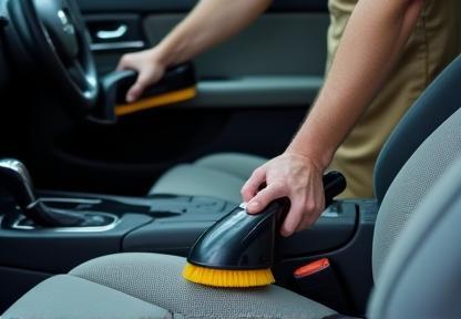 Car interior detailing with vacuum and brush tool